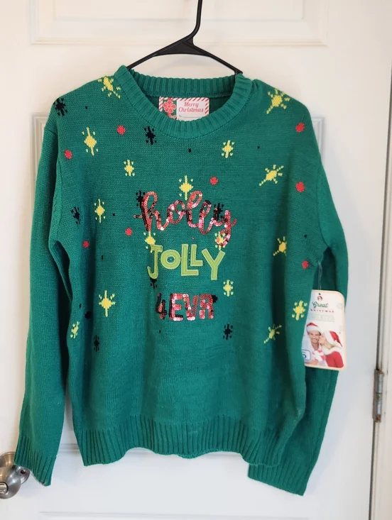 Holly Jolly 4ever Merry Christmas Green Sweater Holiday Womens Size M NWT #1173 - Picture 1 of 6